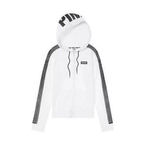 Victoria Secret Pink Hooded Zip Front White and Black Sweatshirt Medium